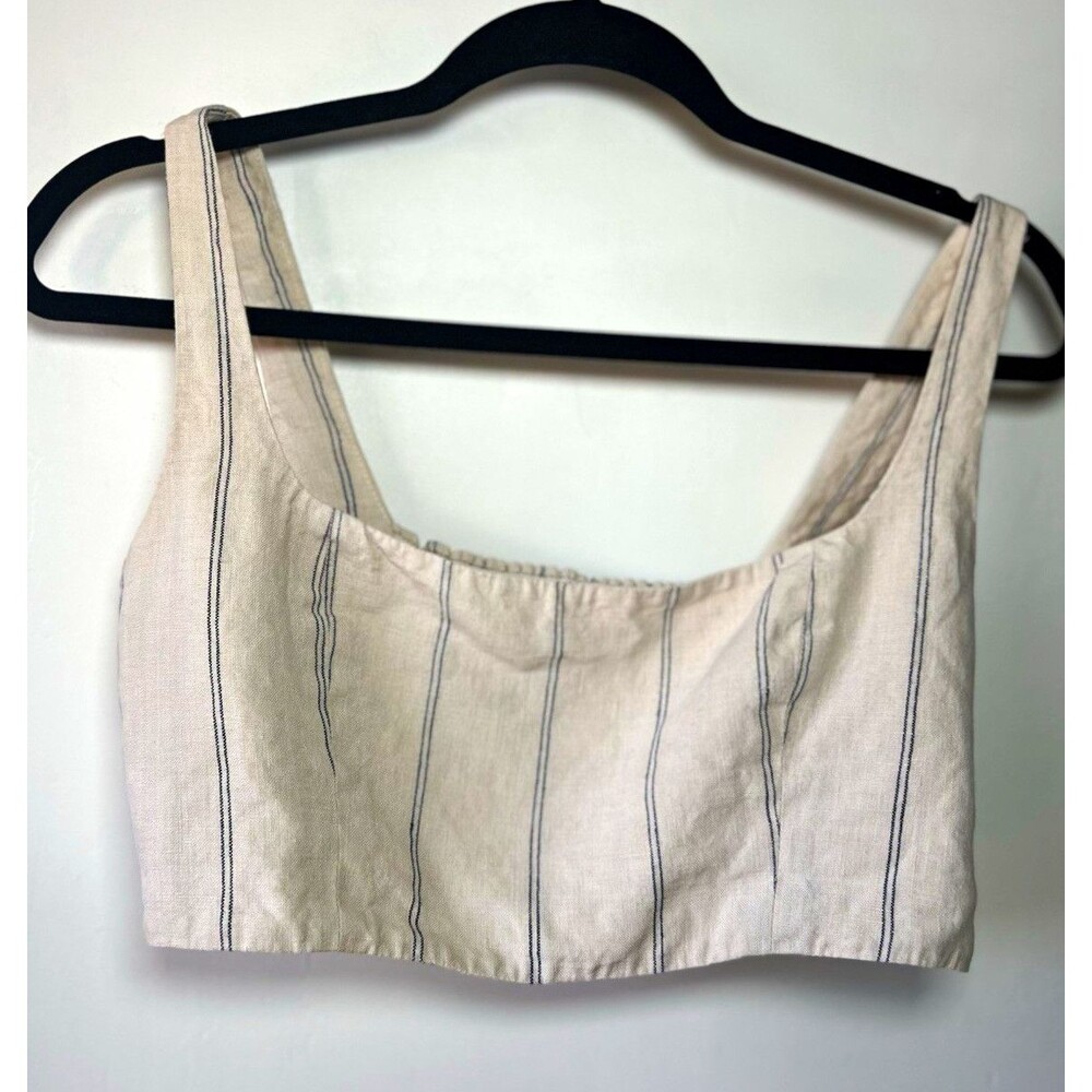 Reformation Beige Striped Linen Smocked Square Neck Crop Tank Top Size M